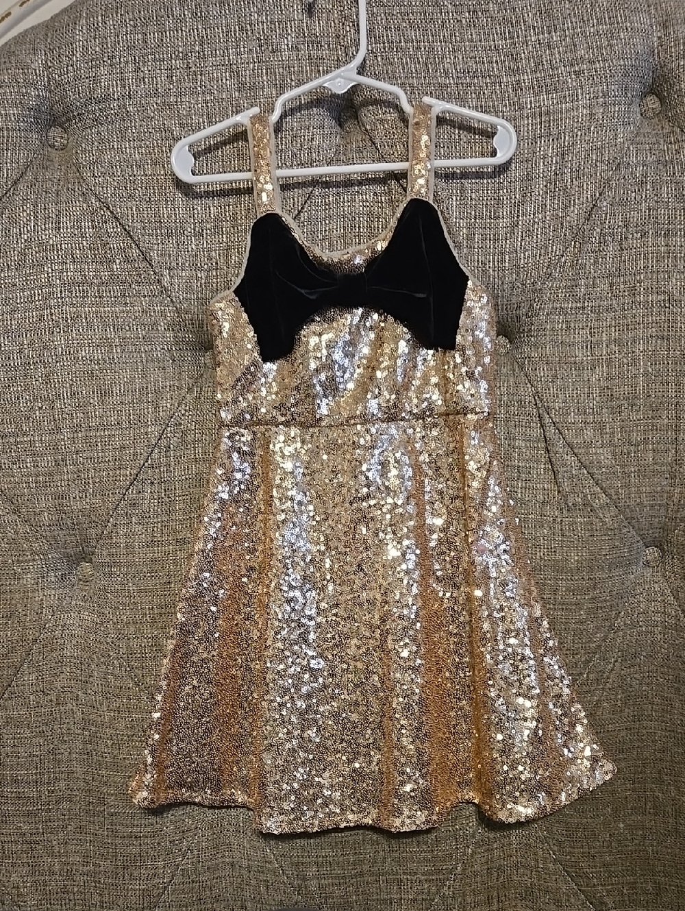 Girls XS Gold Sequin Party Dress with Black Velvet Bow